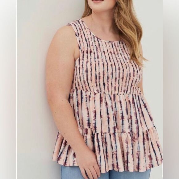 Torrid Rayon Twill Smocked Tiered Tank Plus Sz 1 1X 14/16 Ink Blot Stripe Print - Picture 1 of 9